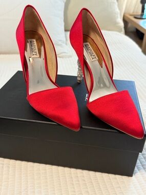 Badgley Mischka Red Satin Pointed Crystal-Embellished Heel Pumps